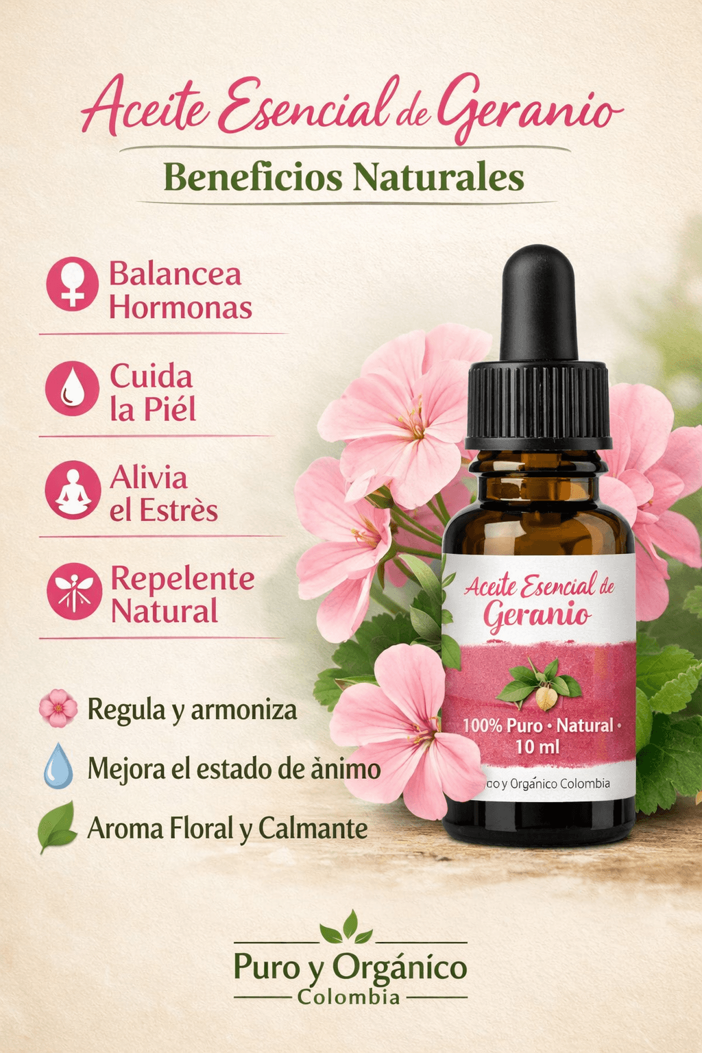 Beneficios Aceite esencial de Geranio. Puro y Organico Colombia