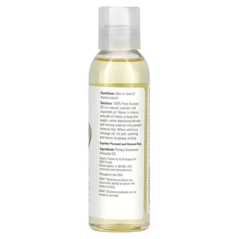 NOW Foods Solutions Aceite de Aguacate 100% Puro 118 ml etiqueta