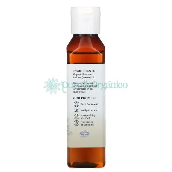 Botella de Aceite Organico de Sesamo Aura Cacia en envase transparente con tapa blanca