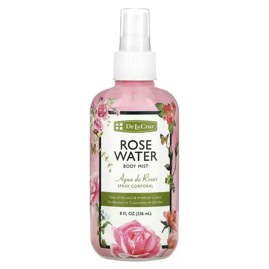 Spray corporal De La Cruz Agua de rosas con aroma natural y sin alcohol en botella de 236 ml