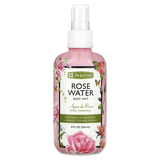 Spray corporal De La Cruz Agua de rosas con aroma natural y sin alcohol en botella de 236 ml