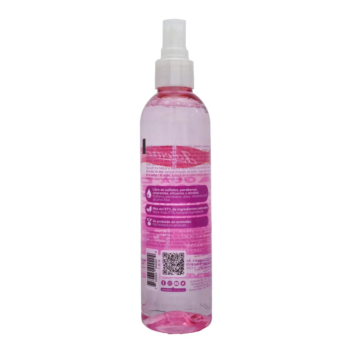 Botella transparente de Agua de Rosas Jaloma con atomizador y etiqueta rosa con instrucciones