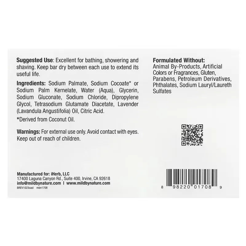 Etiqueta de ingredientes y uso del Jabón de Castilla natural de Mild By Nature sin químicos artificiales