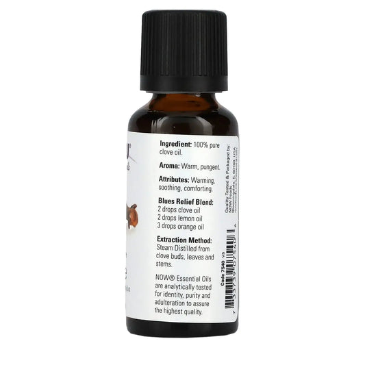 NOW Aceite Esencial de Clavo 30ml Puro y Orgánico Colombia etiqueta