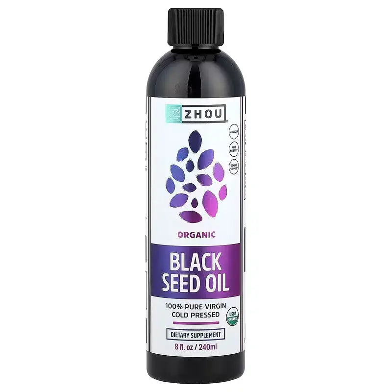 Aceite de comino negro orgánico 240ml Zhou Nutrition. 100% puro, prensado en frío, certificado USDA. Rico en timoquinona y omega 3-6-9. Envío a Colombia.
