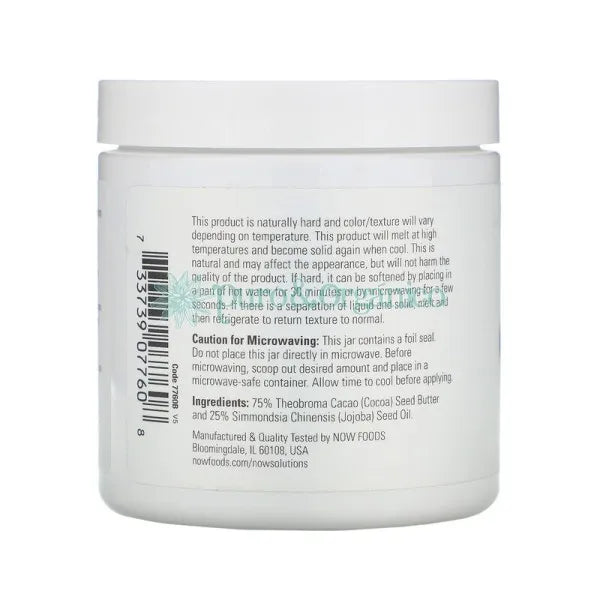 Now Manteca de Cacao con Jojoba 192ml Puro y Organico Colombia etiqueta atras
