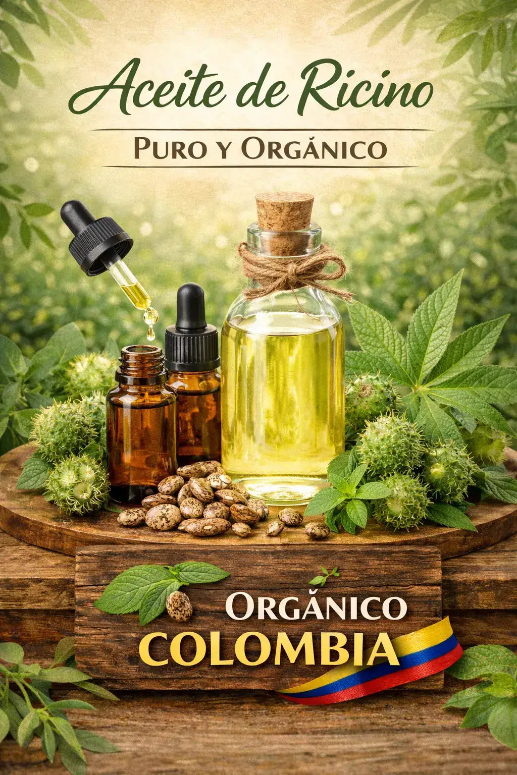 Aceite de Ricino Puro en frascos de vidrio con detalles de hojas y semillas naturales orgánicas de Colombia