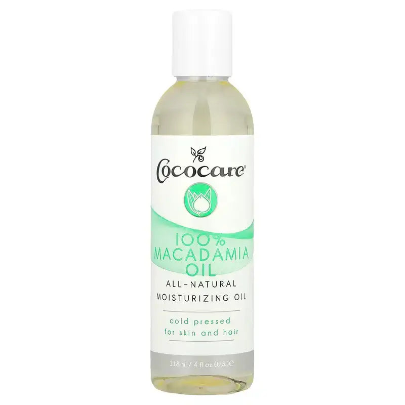 Aceite de Macadamia Cococare 100% natural para hidratar piel y cabello en botella transparente