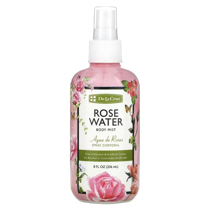 Spray corporal De La Cruz Agua de rosas con aroma natural y sin alcohol en botella de 236 ml