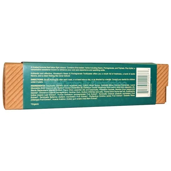 Himalaya Pasta Dental Orgánica Con Neem Y Granada Sin Flúor 150gr etiqueta