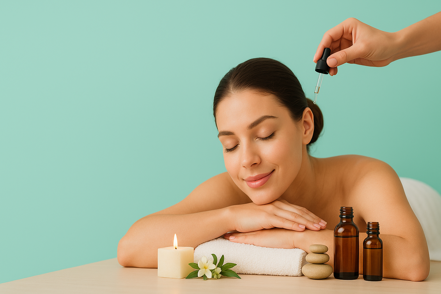 imagen para slider en tienda. Izquerda no tiene nada y derecha un spa relajante a una mujer con aceites esenciales. con tono 96DFD1