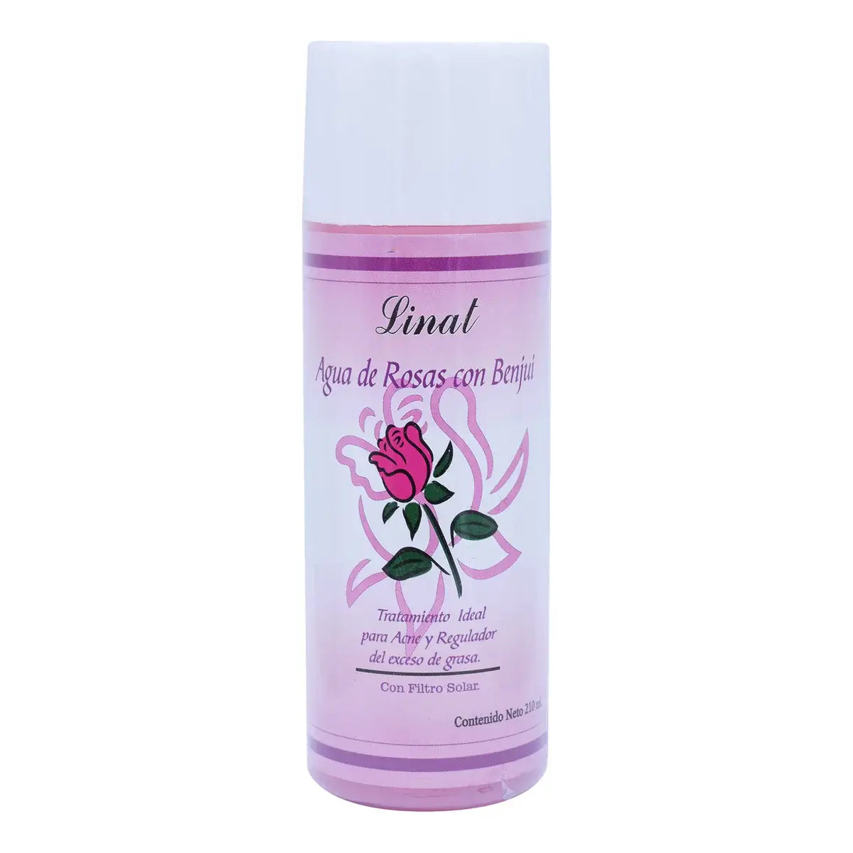 Linat agua de rosas natural con benjuí en botella transparente para cuidado de piel y control de grasa