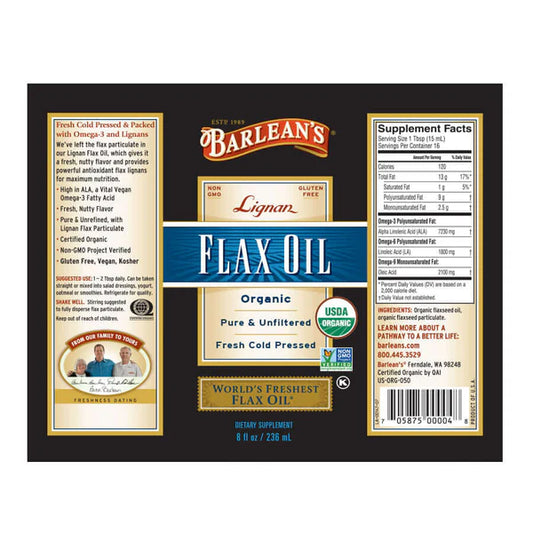 Aceite de Lino Orgánico 236ml Barlean's - Prensado en Frío Rico en Omega-3