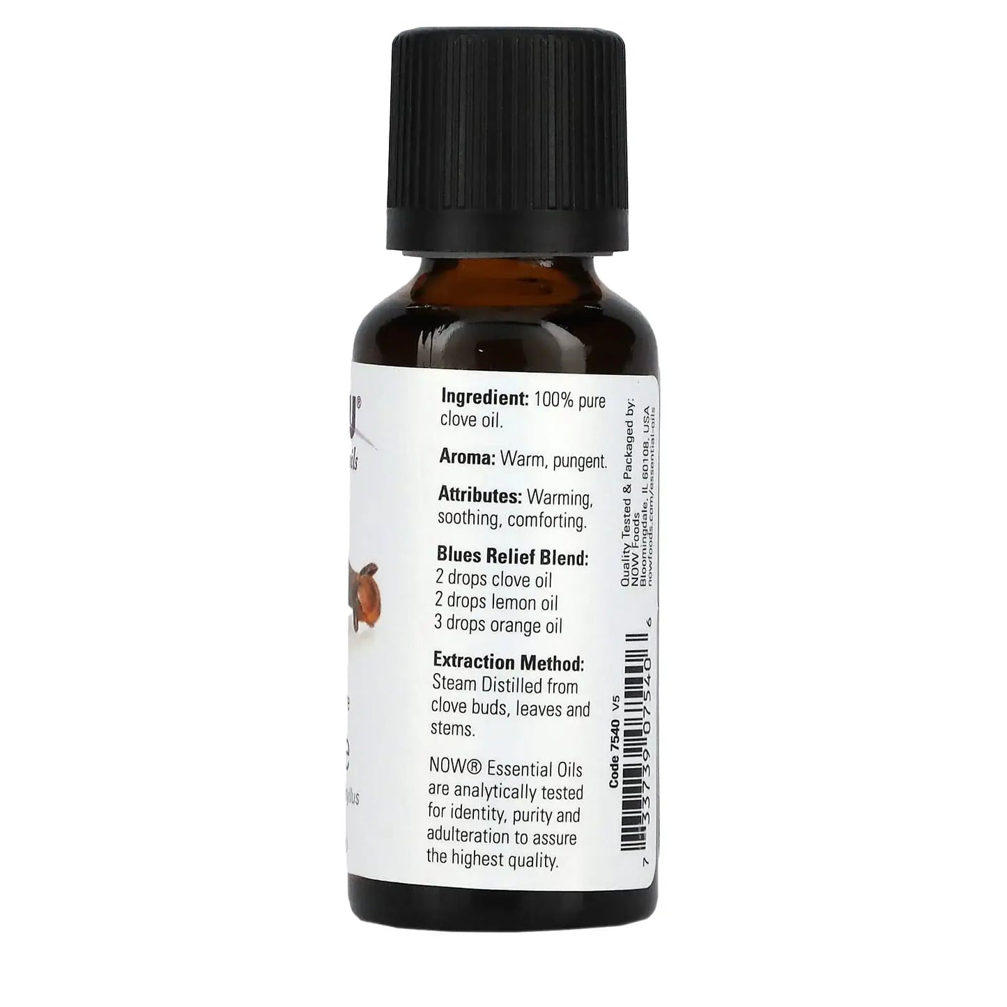 NOW Aceite Esencial de Clavo 30ml Puro y Orgánico Colombia etiqueta