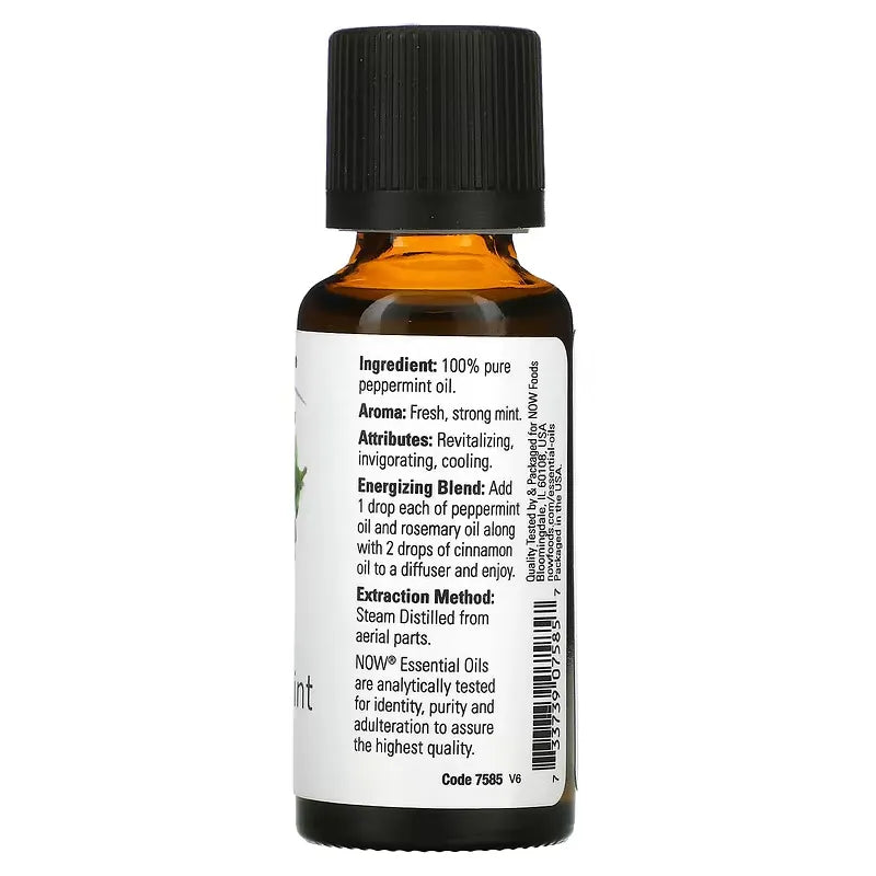NOW Aceite Esencial de Menta Piperita 30ml Peppermint oil Puro y Orgánico Colombia etiqueta
