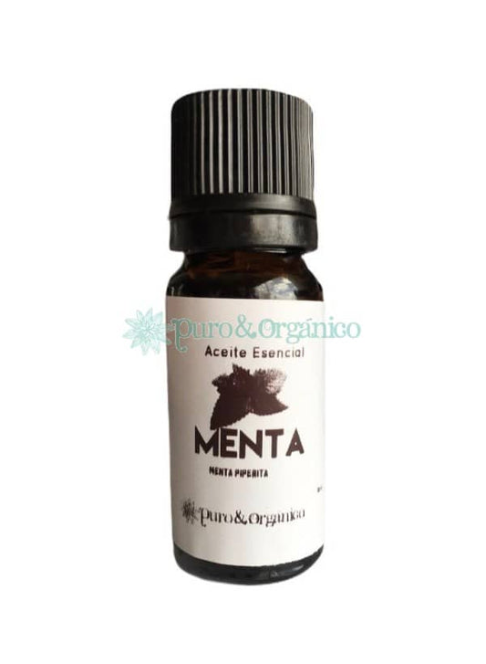 Botella de Aceite Esencial de Menta de Puro y Organico con etiqueta blanca y tapa negra
