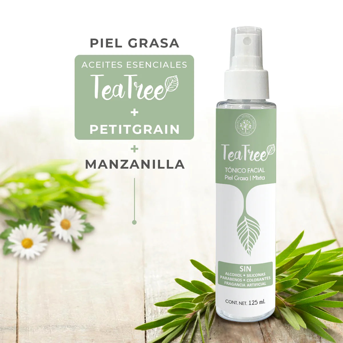 Arbora Tonico Facial Hidratante con Arbol de te y Manzanilla , Tea tree y Petitgrain 125ml